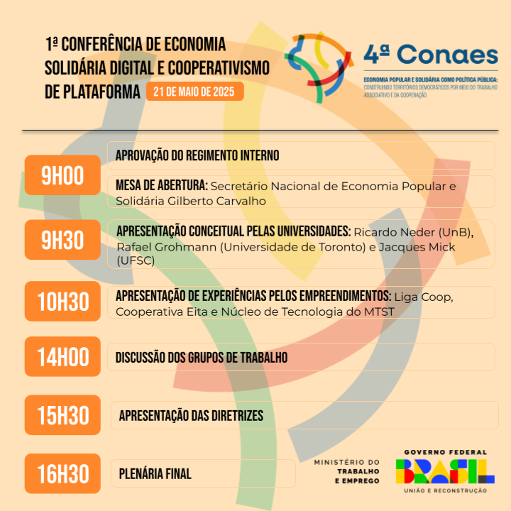 Programação da Conferência
Secretaria Nacional de Economia Popular e Solidária (SENAES/MTE) anuncia Conferência Temática em Economia Solidária Digital e Cooperativismo de Plataforma. Dia 21 de maio.
Para participar: https://forms.office.com/r/gX7VACtkHA